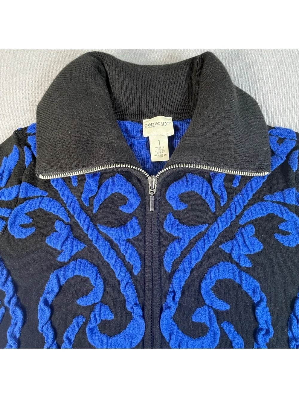Chico’s Zenergy Damask Jacket Women's Size 1 M Black Blue Chenille Zip Sweater